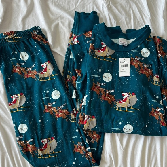 Hanna Andersson Other - NWT Hanna Andersson Teal Santa Sleigh Christmas Pajama Set size M Organic cotton